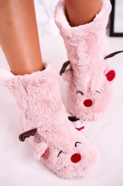 Świąteczne Papcie Z Reniferem Ocieplone Kożuszkiem Różowe Rudolph