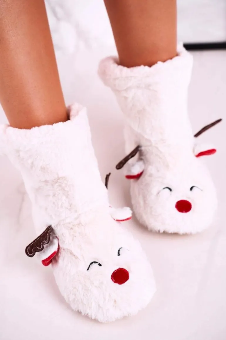 Świąteczne Papcie Z Reniferem Ocieplone Kożuszkiem Białe Rudolph