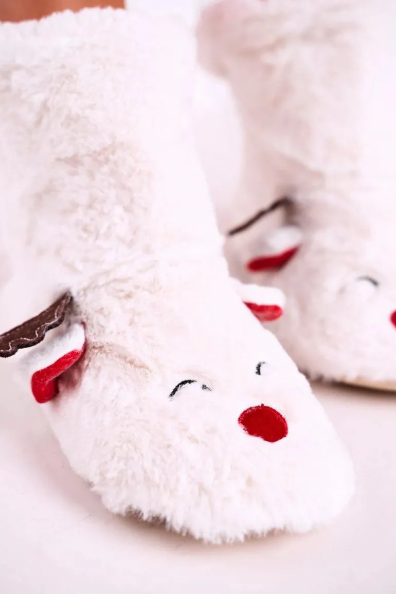 Świąteczne Papcie Z Reniferem Ocieplone Kożuszkiem Białe Rudolph