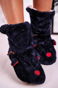 Świąteczne Papcie Z Reniferem Ocieplone Kożuszkiem Granatowe Rudolph