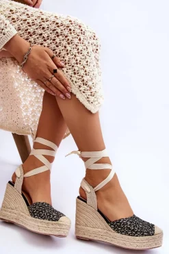 Wiązane Damskie Sandały Na Koturnie Czarne Josephine