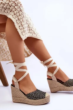 Wiązane Damskie Sandały Na Koturnie Czarne Josephine