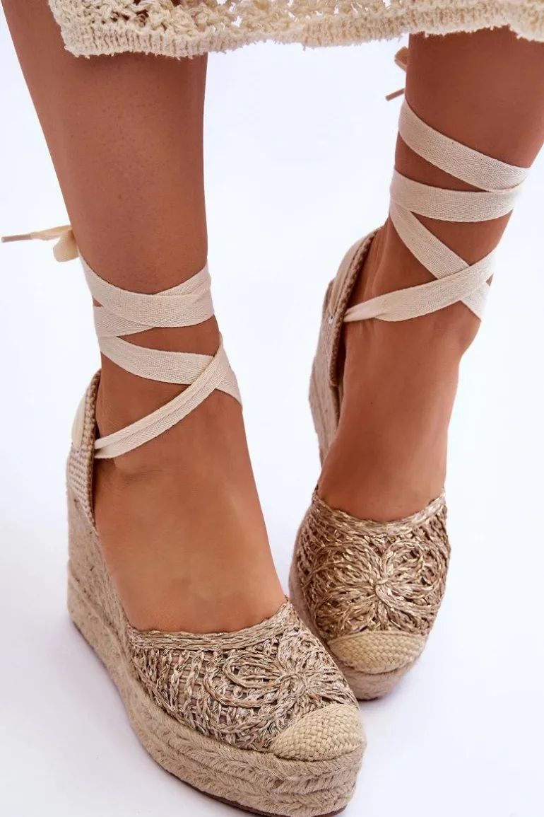 Wiązane Damskie Sandały Na Koturnie Beżowe Josephine