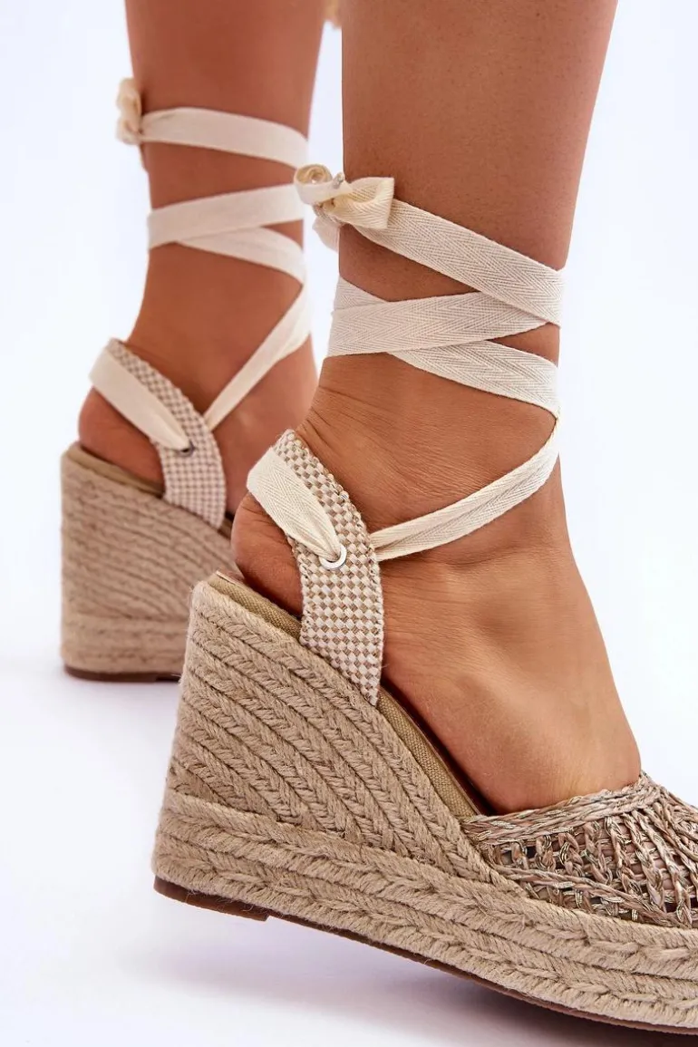 Wiązane Damskie Sandały Na Koturnie Beżowe Josephine