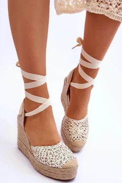 Wiązane Damskie Sandały Na Koturnie Białe Josephine