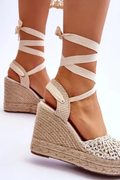 Wiązane Damskie Sandały Na Koturnie Białe Josephine