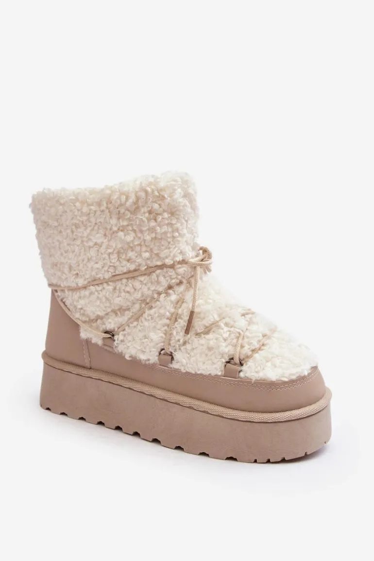 Wiązane Śniegowce Damskie Na Grubej Podeszwie Beżowe Loso