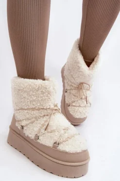 Wiązane Śniegowce Damskie Na Grubej Podeszwie Beżowe Loso