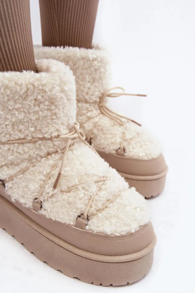 Wiązane Śniegowce Damskie Na Grubej Podeszwie Beżowe Loso
