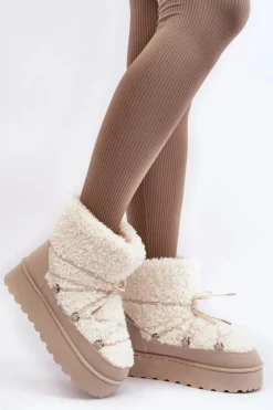 Wiązane Śniegowce Damskie Na Grubej Podeszwie Beżowe Loso