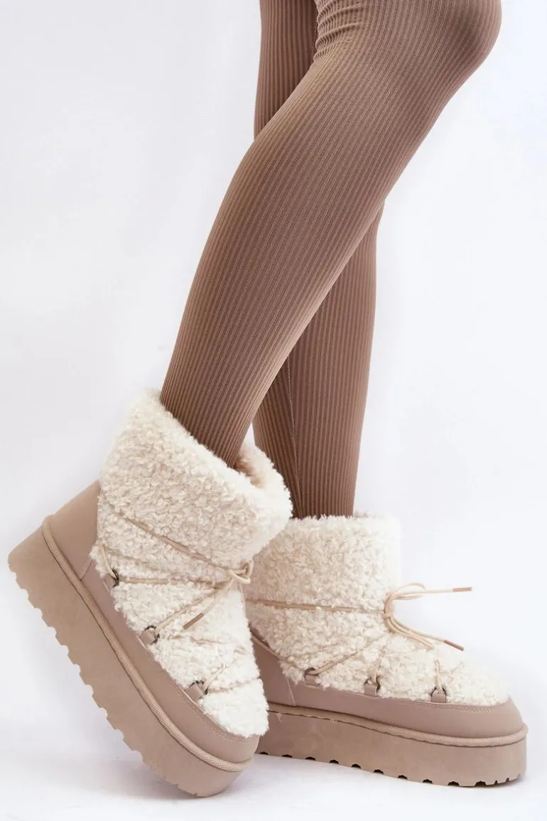 Wiązane Śniegowce Damskie Na Grubej Podeszwie Beżowe Loso