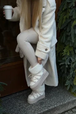 Wiązane Śniegowce Damskie Na Grubej Podeszwie Beżowe Loso