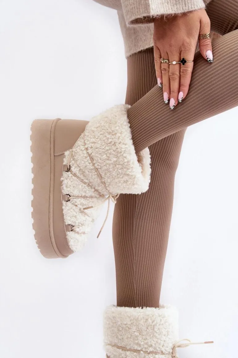 Wiązane Śniegowce Damskie Na Grubej Podeszwie Beżowe Loso