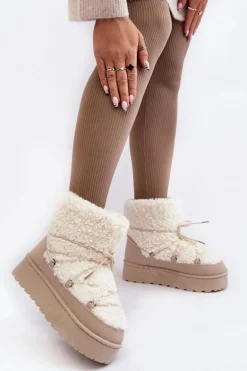 Wiązane Śniegowce Damskie Na Grubej Podeszwie Beżowe Loso