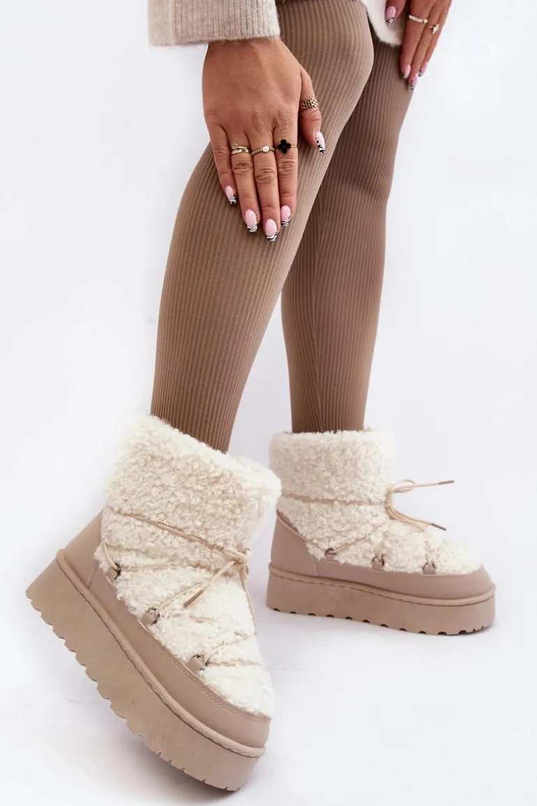 Wiązane Śniegowce Damskie Na Grubej Podeszwie Beżowe Loso