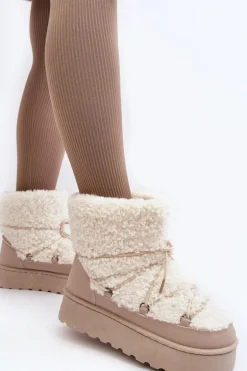 Wiązane Śniegowce Damskie Na Grubej Podeszwie Beżowe Loso