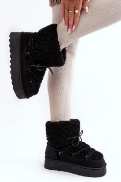 Wiązane Śniegowce Damskie Na Grubej Podeszwie Czarne Loso