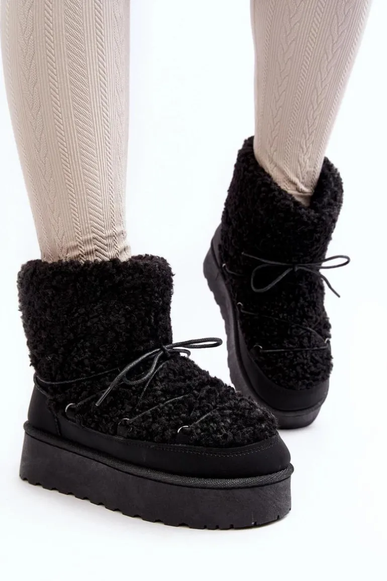 Wiązane Śniegowce Damskie Na Grubej Podeszwie Czarne Loso