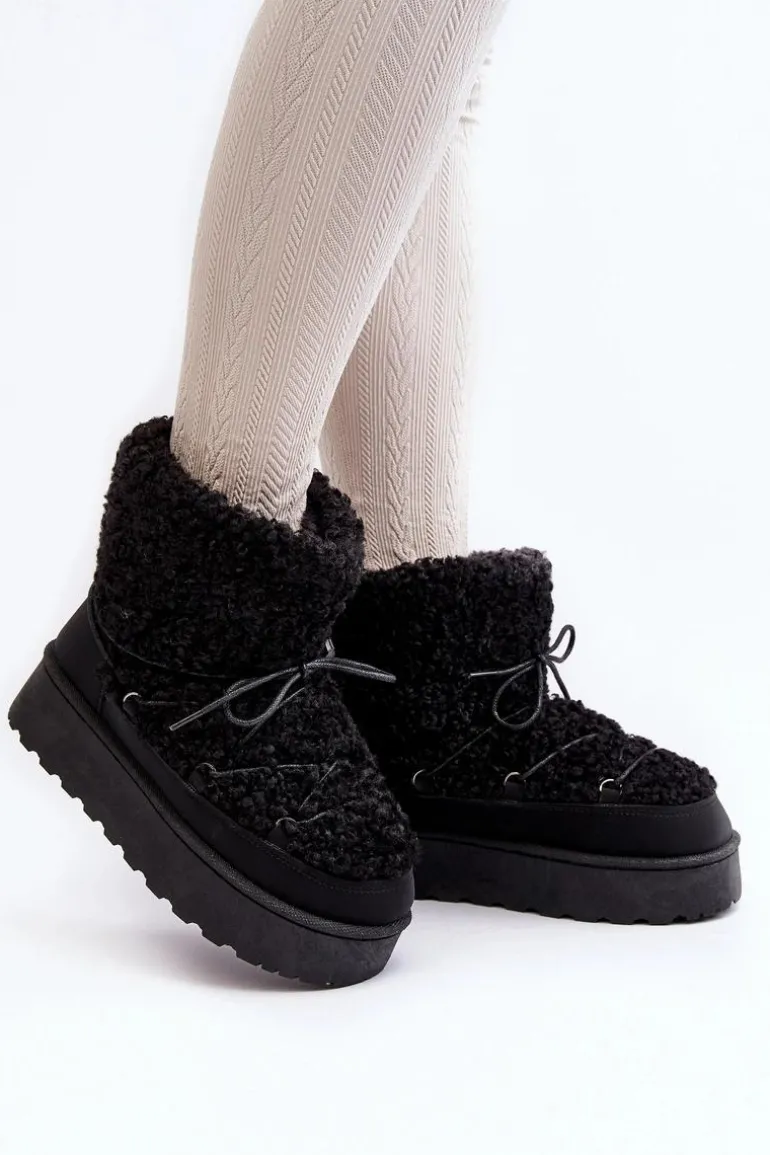 Wiązane Śniegowce Damskie Na Grubej Podeszwie Czarne Loso