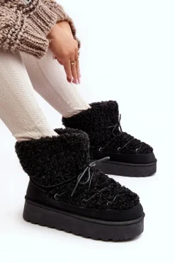 Wiązane Śniegowce Damskie Na Grubej Podeszwie Czarne Loso