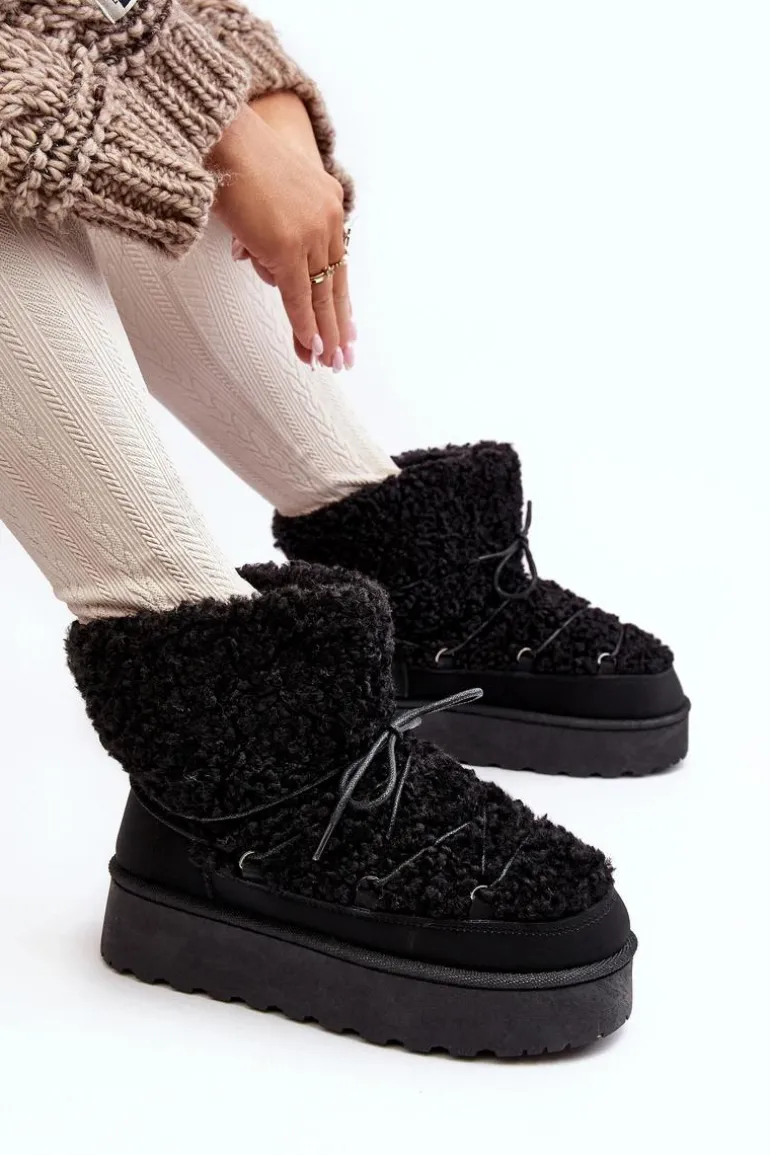 Wiązane Śniegowce Damskie Na Grubej Podeszwie Czarne Loso