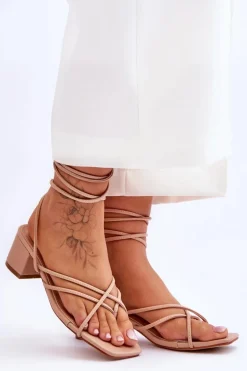 Wiązane Sandałki Japonki Na Obcasie Beżowe Secret Love