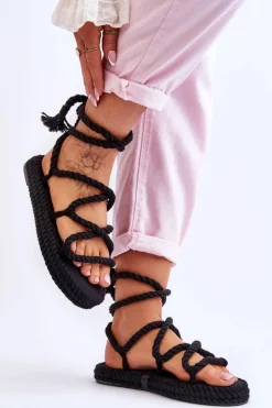 Wiązane Sandałki Na Masywnej Platformie Czarne Can't Wait