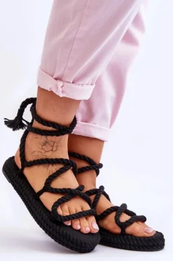 Wiązane Sandałki Na Masywnej Platformie Czarne Can't Wait
