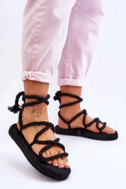 Wiązane Sandałki Na Masywnej Platformie Czarne Can't Wait