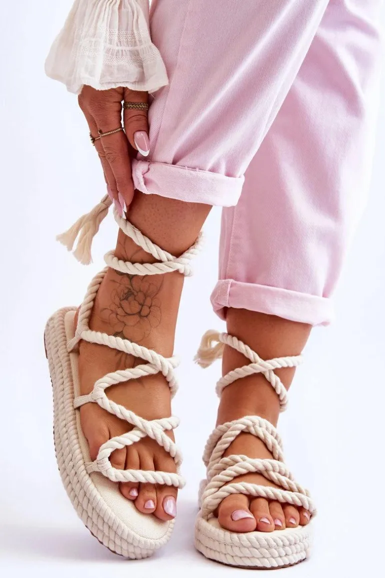 Wiązane Sandałki Na Masywnej Platformie Beżowe Can't Wait
