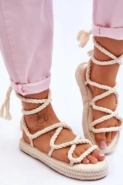 Wiązane Sandałki Na Masywnej Platformie Beżowe Can't Wait