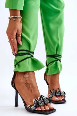 Wiązane Sandałki Na Szpilce Z Motylami Czarne Delmar