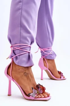 Wiązane Sandałki Na Szpilce Z Motylami Różowe Delmar