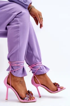 Wiązane Sandałki Na Szpilce Z Motylami Różowe Delmar