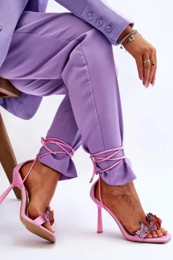 Wiązane Sandałki Na Szpilce Z Motylami Różowe Delmar