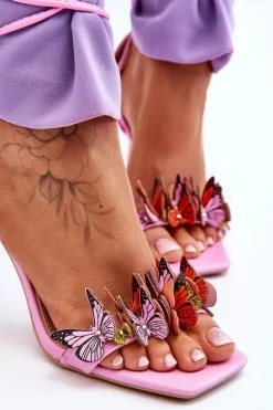 Wiązane Sandałki Na Szpilce Z Motylami Różowe Delmar