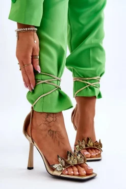 Wiązane Sandałki Na Szpilce Z Motylami Złote Delmar