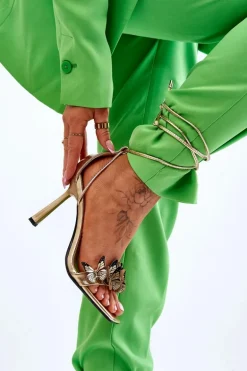 Wiązane Sandałki Na Szpilce Z Motylami Złote Delmar