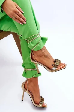 Wiązane Sandałki Na Szpilce Z Motylami Złote Delmar