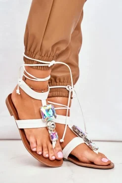 Wiązane Sandały Gladiatorki Z Kryształkami Białe Volare