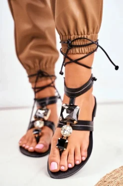Wiązane Sandały Gladiatorki Z Kryształkami Czarne Volare