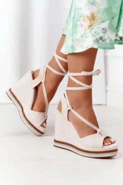Wiązane Sandały Na Koturnie Beżowe Hawaii