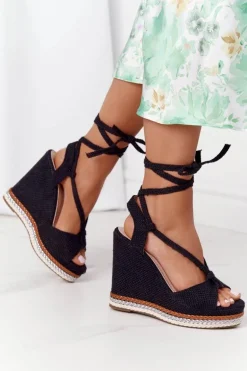 Wiązane Sandały Na Koturnie Czarne Hawaii