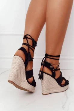 Wiązane Sandały Na Koturnie Z Plecionką Czarne Mallorca