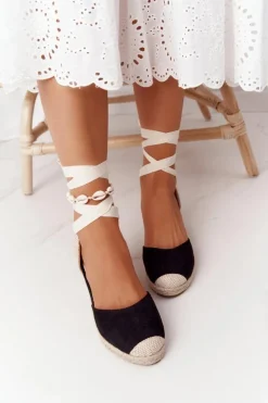 Wiązane Sandały Na Koturnie Z Plecionką Czarne Nelly