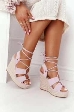 Wiązane Sandały Na Koturnie Z Plecionką Fioletowe Mallorca