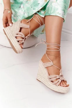 Wiązane Sandały Na Koturnie Z Plecionką Nude Run The World