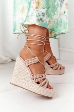 Wiązane Sandały Na Koturnie Z Plecionką Nude Run The World
