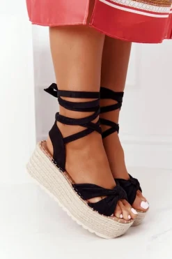 Wiązane Sandały Na Platformie Z Plecionką Czarne La Palma