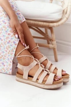 Wiązane Sandały Na Platformie Beżowe Santorini